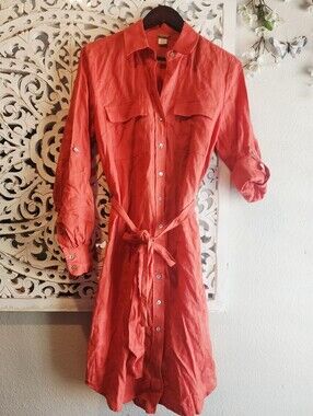 MAGASCHONI 100% LINEN POCKETS BELTED SHIRT/DRESS BURN ORANGE NWOT  SMALL PETITE